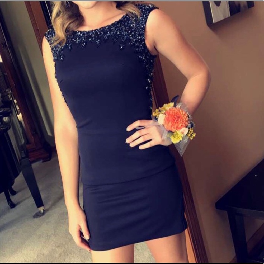 Navy Blue Sherri Hill Homecoming Dress